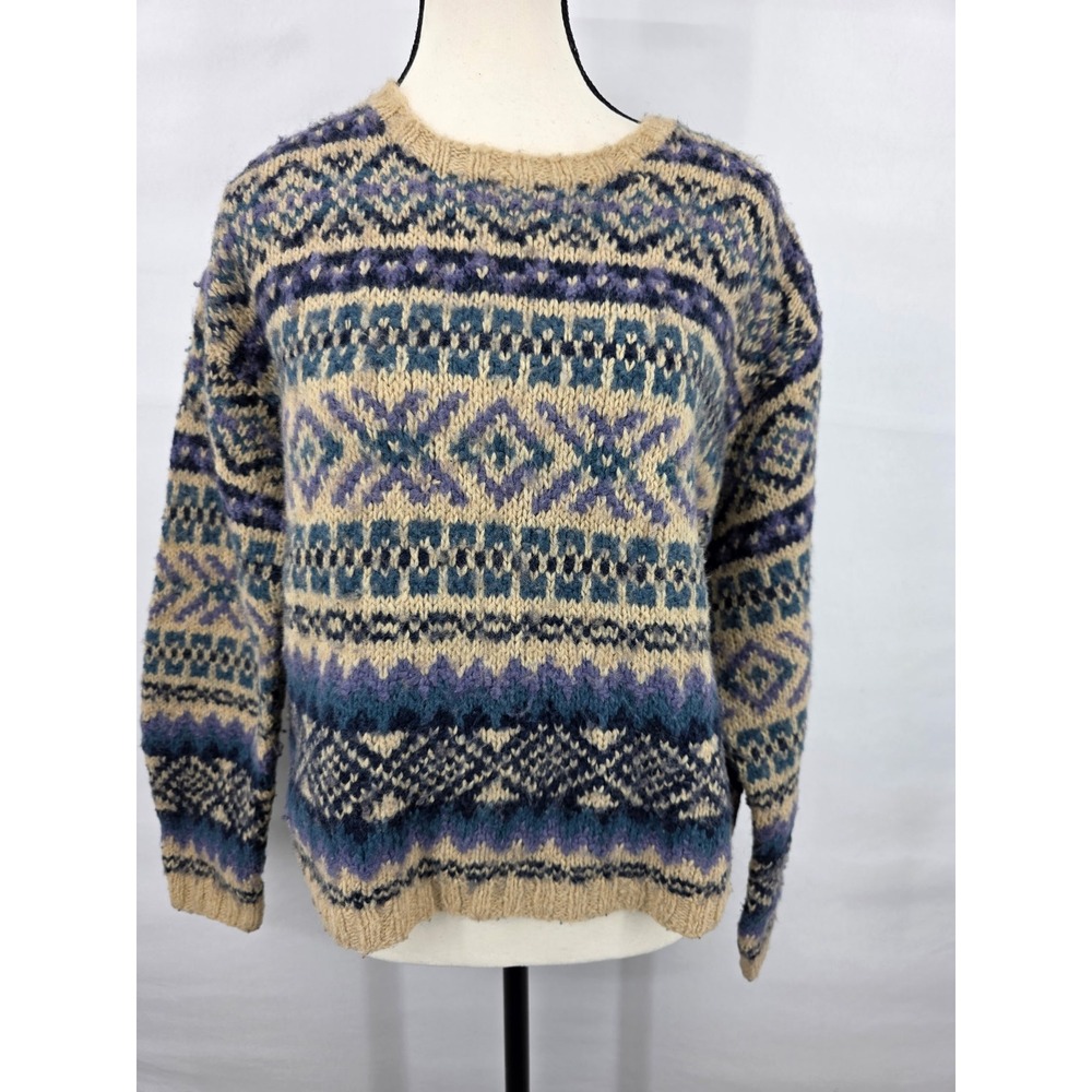American Eagle Outfitters Fair Isle Wool Blend Sweater Blue Purple Tan Medium